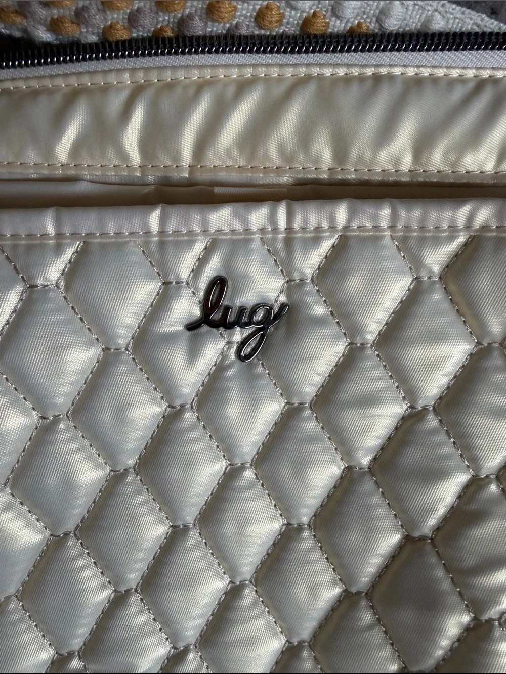 lug bolero Quilted Crescent Crossbody in Cream with Yellow-Accent Woven Strap